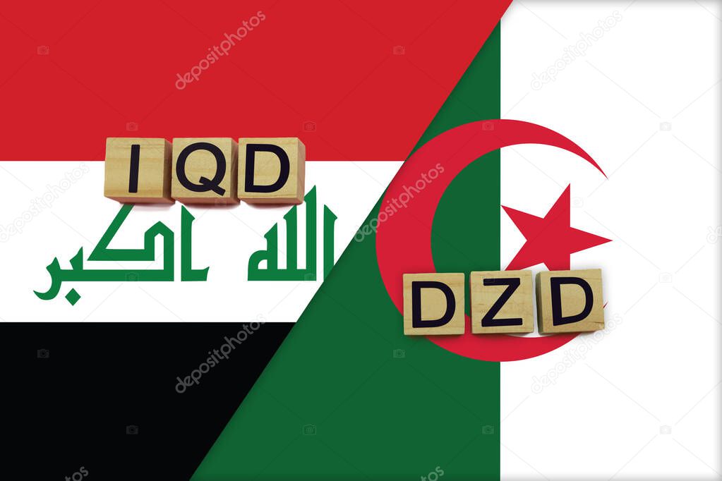 Iraq and Algeria currencies codes on national flags background. International money transfer concept