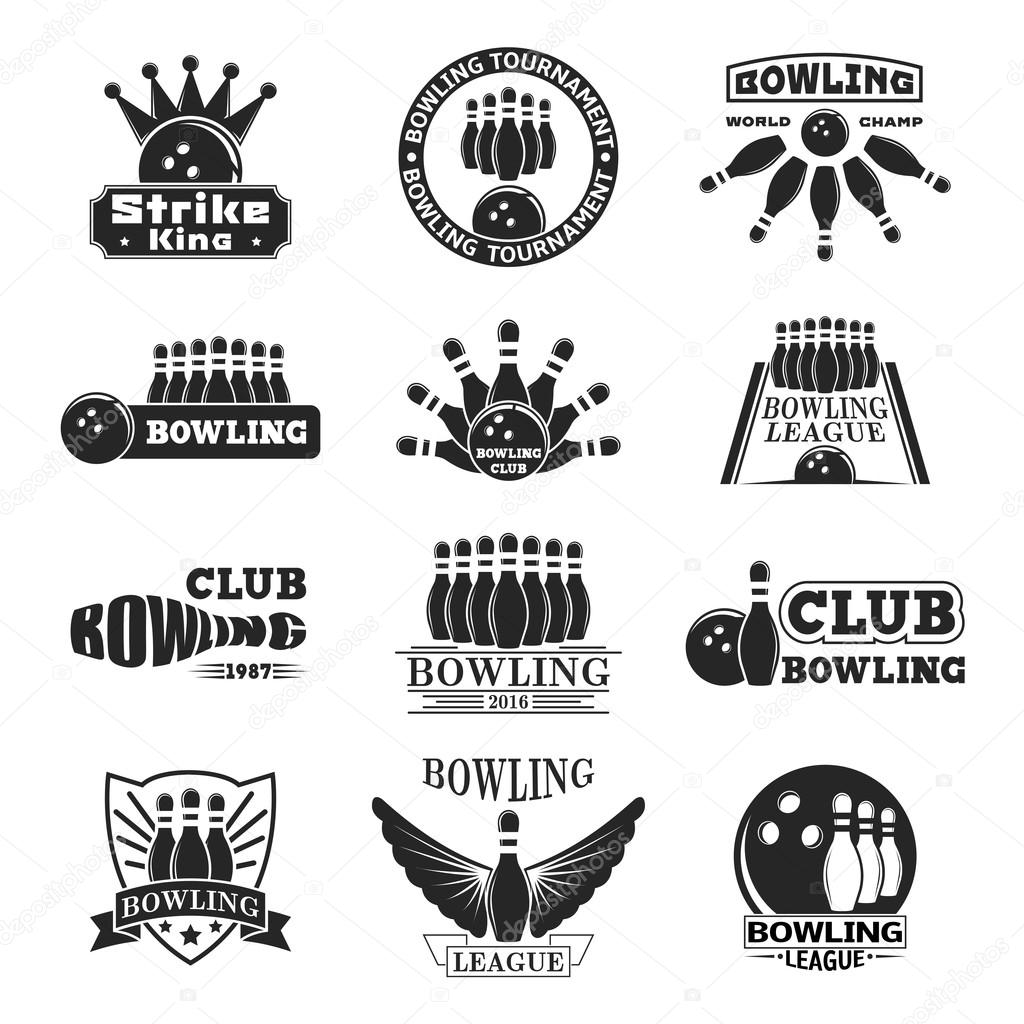 Vector set of bowling logos, bowling logo emblems and bowling logo design elements. Bowling logo logotype templates and bowling logo badges. Bowling logo wings victory, bowling ball sport item.