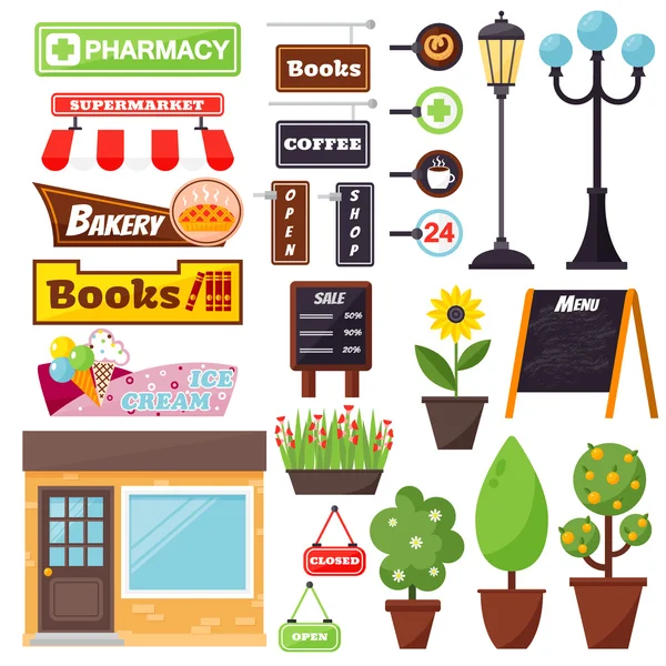 Dükkanı cephe elemanları vektör set.