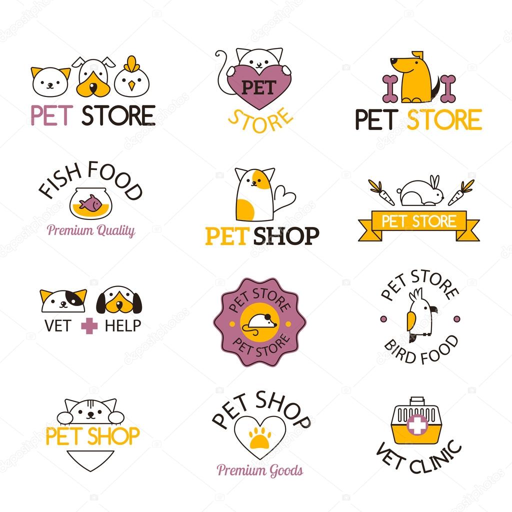 Logo for pet shop or animal clinic pet shop logo. Pet shop logo design veterinary, cat symbol isolated silhouette care puppy label. Pet shop logo creative animal company emblem set.