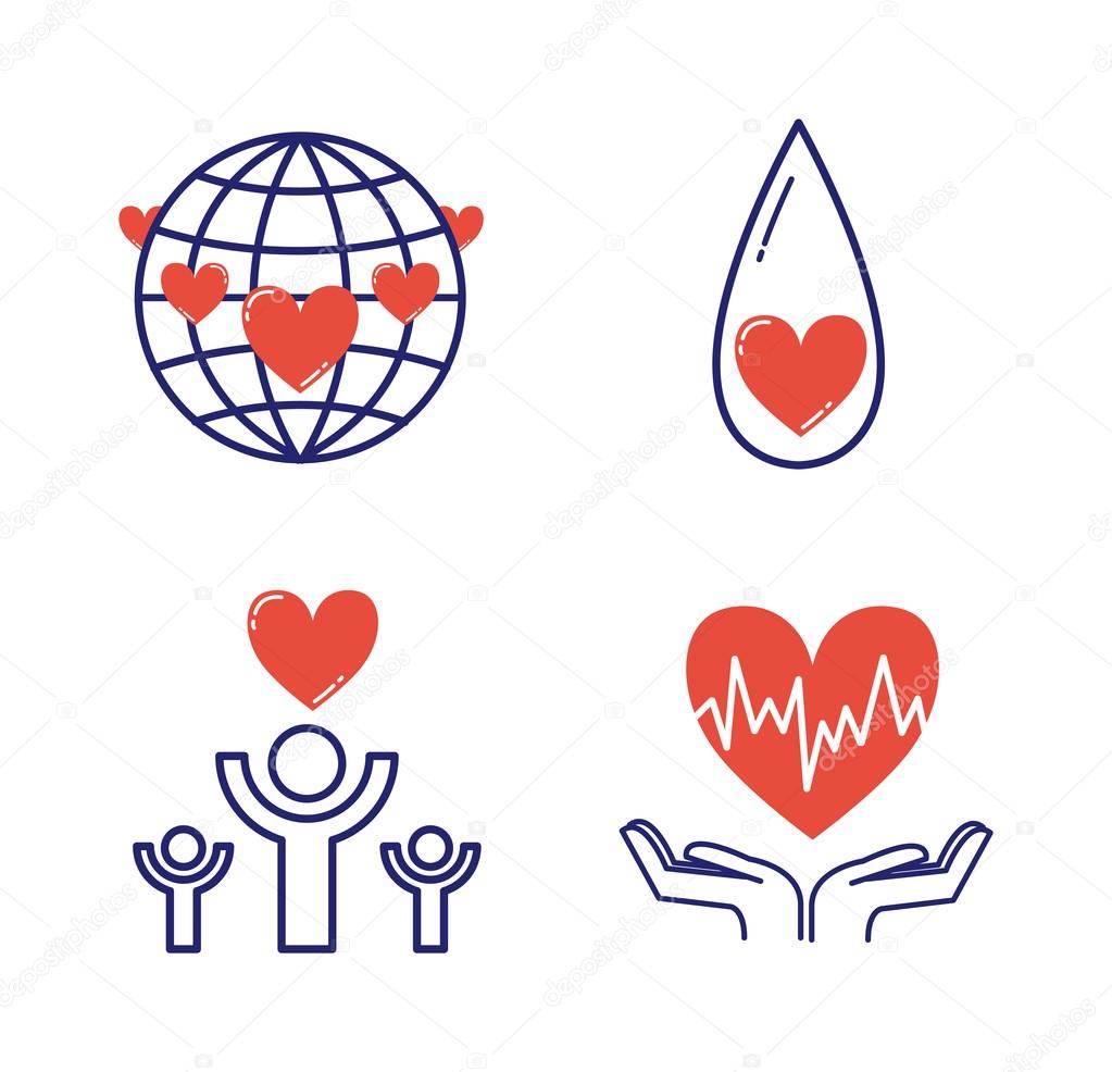 Volunteer icons donate charity donation vector set. Humanitarian volunteer icons awareness hand hope aid support and assistance care service human volunteer symbols. Collection shape donate concepts