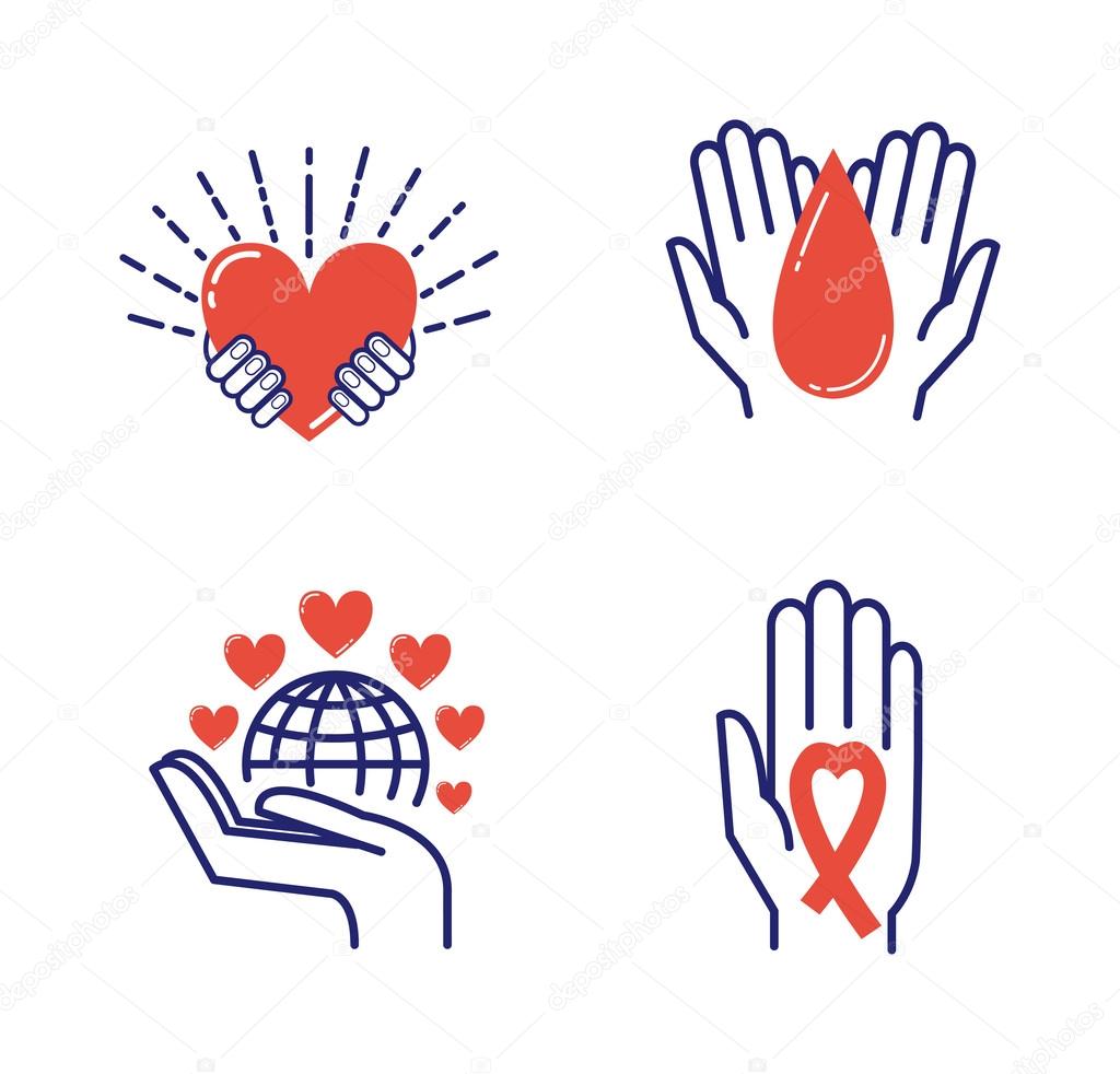 Volunteer icons donate charity donation vector set. Humanitarian volunteer icons awareness hand hope aid support and assistance care service human volunteer symbols. Collection shape donate concepts