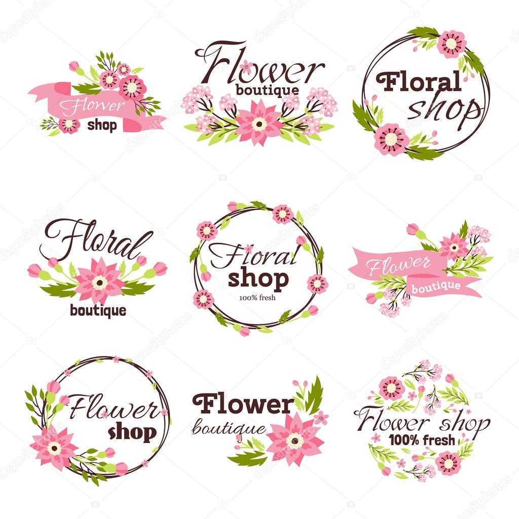 Bright logo for flower shop. Set hand drawn emblems and floral signs for flower shop. Flower shop labels. Doodles, sketch floral and gardening logos and signs trendy linear style emblems flower shop.