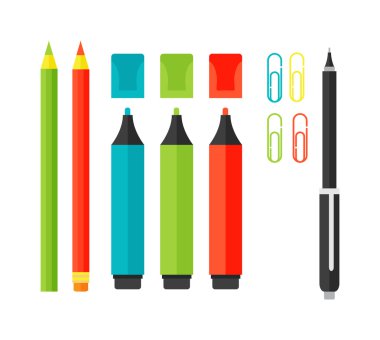 Okul araçları malzemeleri beyaz izole.