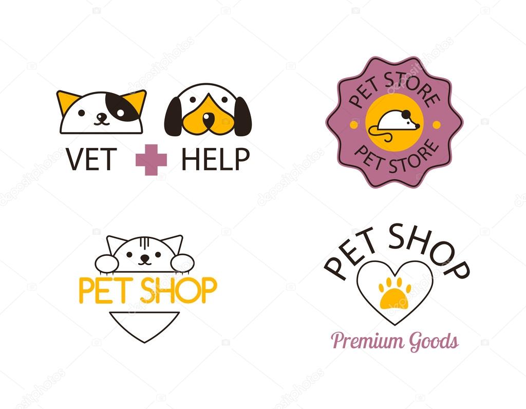 Logo for pet shop or animal clinic pet shop logo. Pet shop logo design veterinary, cat symbol isolated silhouette care puppy label. Pet shop logo creative animal company emblem set.