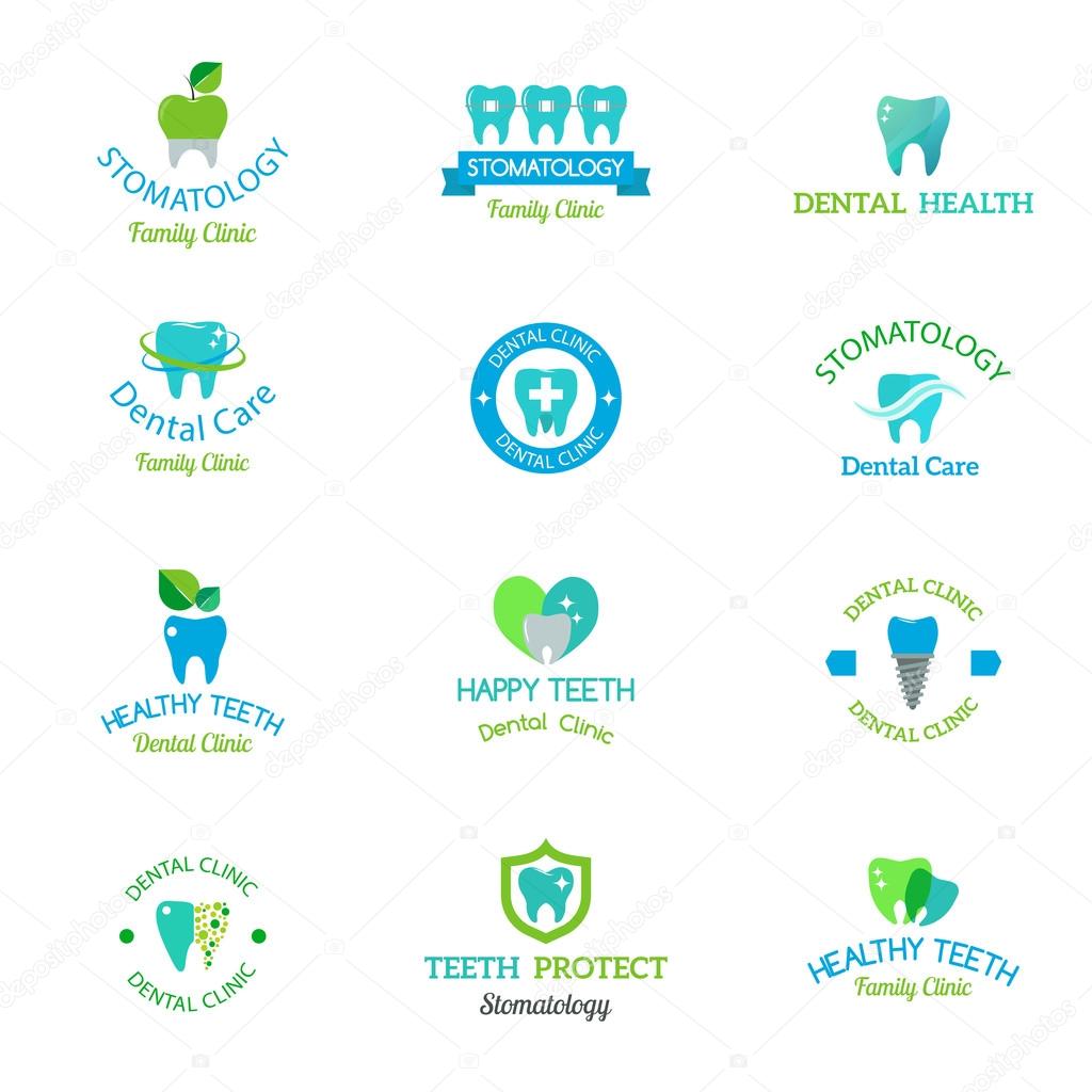 Dentist logo implants vector medical symbol collection. Clean dentist logo bright designs medical icon health care. Healthy hygiene dentist logo, oral blue logotype implant dent business shape.