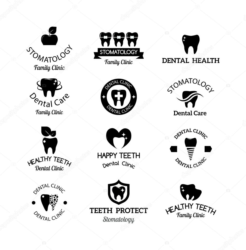 Dentist logo implants vector medical symbol collection. Clean dentist logo bright designs medical icon health care. Healthy hygiene dentist logo, oral blue logotype implant dent business shape.
