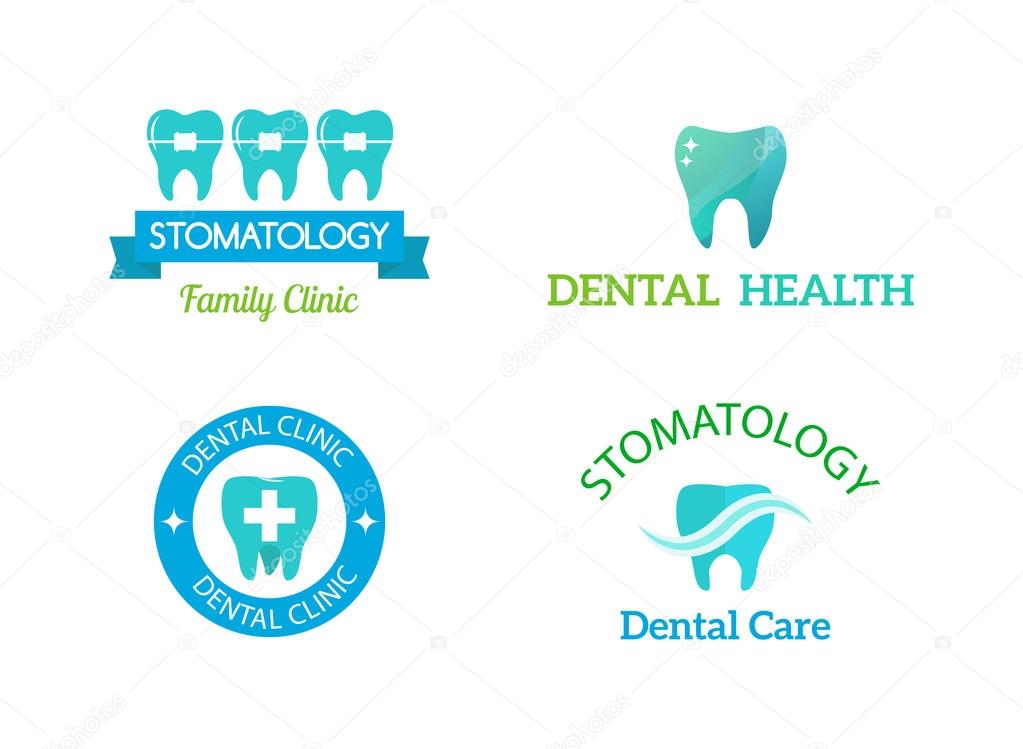 Dentist logo implants vector medical symbol collection. Clean dentist logo bright designs medical icon health care. Healthy hygiene dentist logo, oral blue logotype implant dent business shape.