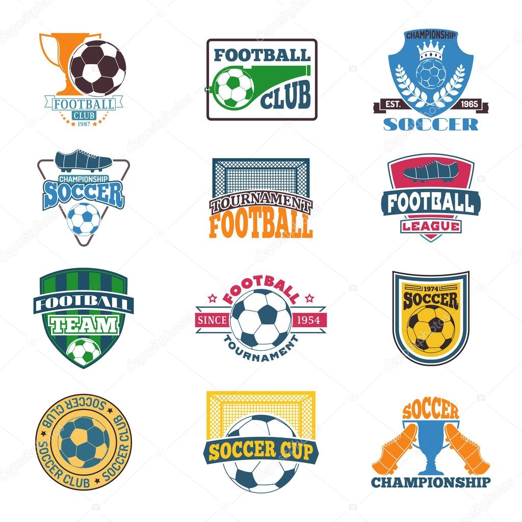 Set of soccer football badge logo design templates. Sport team identity football logo vector isolated on white background. Collection of soccer themed football logo graphics emblem game icon.