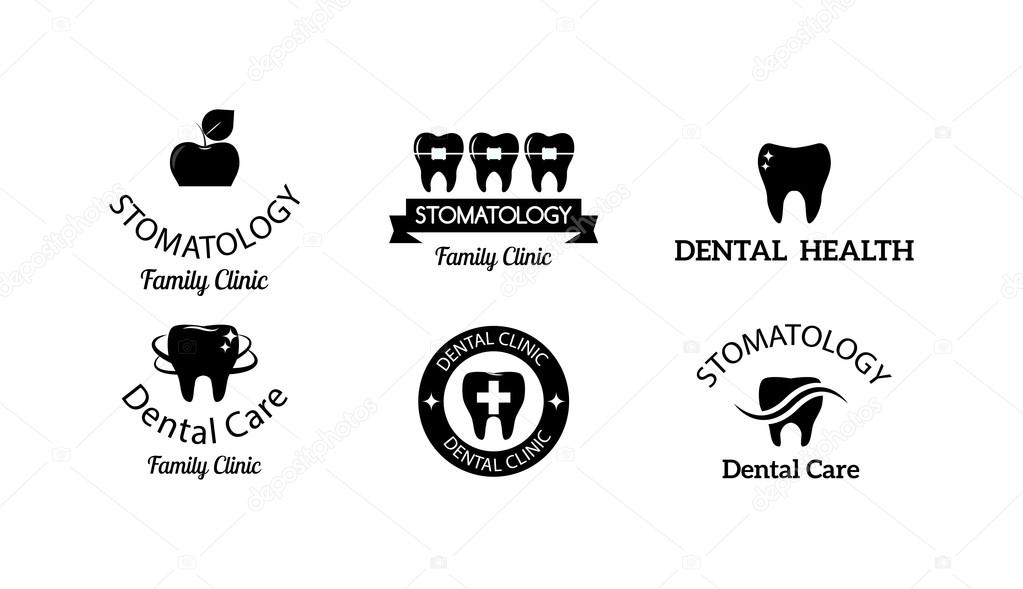 Dentist logo implants vector medical symbol collection. Clean dentist logo bright designs medical icon health care. Healthy hygiene dentist logo, oral blue logotype implant dent business shape.