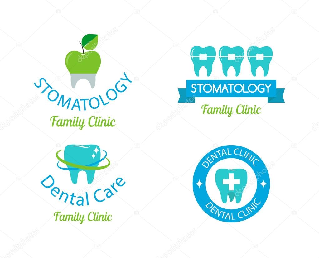 Dentist logo implants vector medical symbol collection. Clean dentist logo bright designs medical icon health care. Healthy hygiene dentist logo, oral blue logotype implant dent business shape.