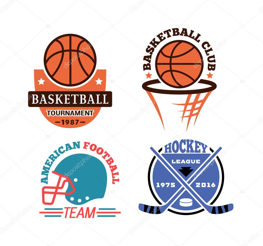 Template logos for sports teams with different balls and symbols. Tournament competition graphic champion sport team logo badge set. Vector club game element sport team logo badge.