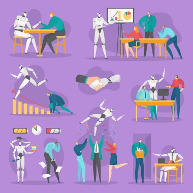 Ofisteki iş robotları, gelecekteki bilgisayar teknolojileri, vektör illüstrasyon seti. Robot zekası iş başında.