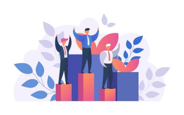 Erkek kazanan, başarılı iş adamı beyaz vektör illüstrasyonunda izole edilmiş zaferini kutluyor. Başarı ya da zafer.