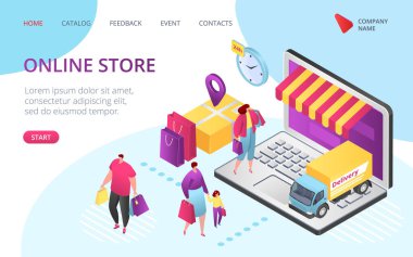 İnternetteki e-ticaret iniş sayfası, vektör illüstrasyonu. Satış, müşteri siparişi, çevrimiçi dükkan izometrik paket satışı, ekrana ödeme.