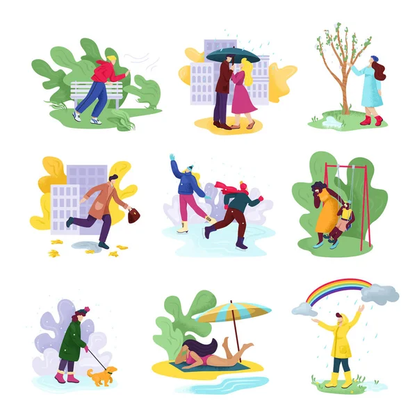 Las cuatro estaciones y el tiempo conjunto de ilustraciones vectoriales. Personas con ropa de temporada en otoño ventoso, invierno nevado, primavera lluviosa. — Vector de stock