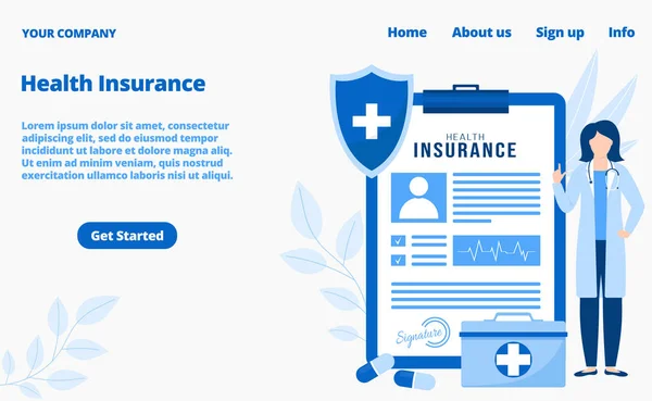 Page d'accueil des services médicaux d'assurance maladie, illustration vectorielle. Soins de santé, assurance médicaments pour les patients en ligne. — Image vectorielle