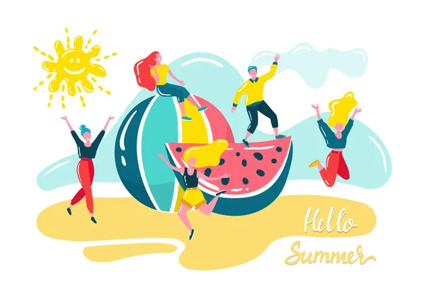 Hello summer vector illustration with watermelons and lettering. Happy people on vacation print design for card, holiday season. — Stock Vector