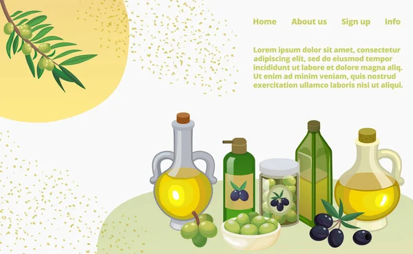 Olívaolaj készlet termékek és dekorációk olajbogyó ág, üvegek és palackok rajzfilm vektor illusztráció, weboldal. — Stock Vector