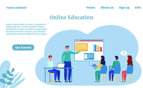 Online vzdělávání koncept, e-learning škola, univerzitní technologie webové stránky, přistávací stránky, vektorové ilustrace. Studenti s notebookem. — Stockový vektor