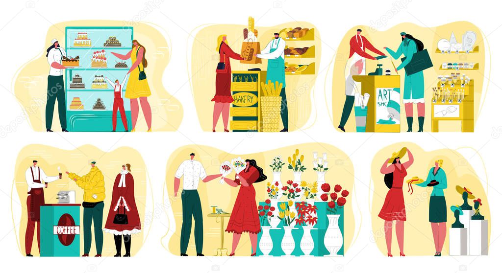 Small business with owner businessman at work, set of vector illustrations. Flower kiosk, coffee shop, bakery and art store. Small business.