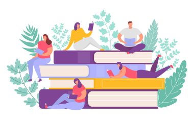 Dev kitap yığınları üzerine kitap okumayı seven insanlar yassı vektör çizimleri. Kütüphane veya üniversite öğrencilerinde okuyucular.