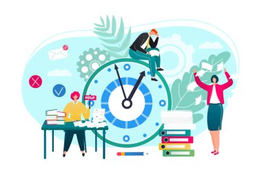 İş sorunları iş kavramı düz vektör çizimi. Görevde çalışan işadamları stres, kağıt belgeleri ve zaman yönetimi.