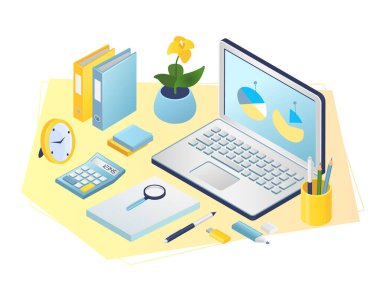 İş yeri, ofis, dolap düz vektör çizimi. Dizüstü bilgisayarlı ofis odası, kağıt belgeleri, kalemler, hesap makinesi ve bitki.