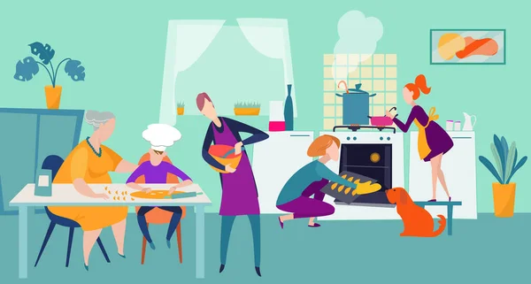 Orang-orang memasak di rumah, keluarga bersama-sama di dapur bahagia chef vector ilustrasi. Ibu dan anak memanggang di kompor. - Stok Vektor