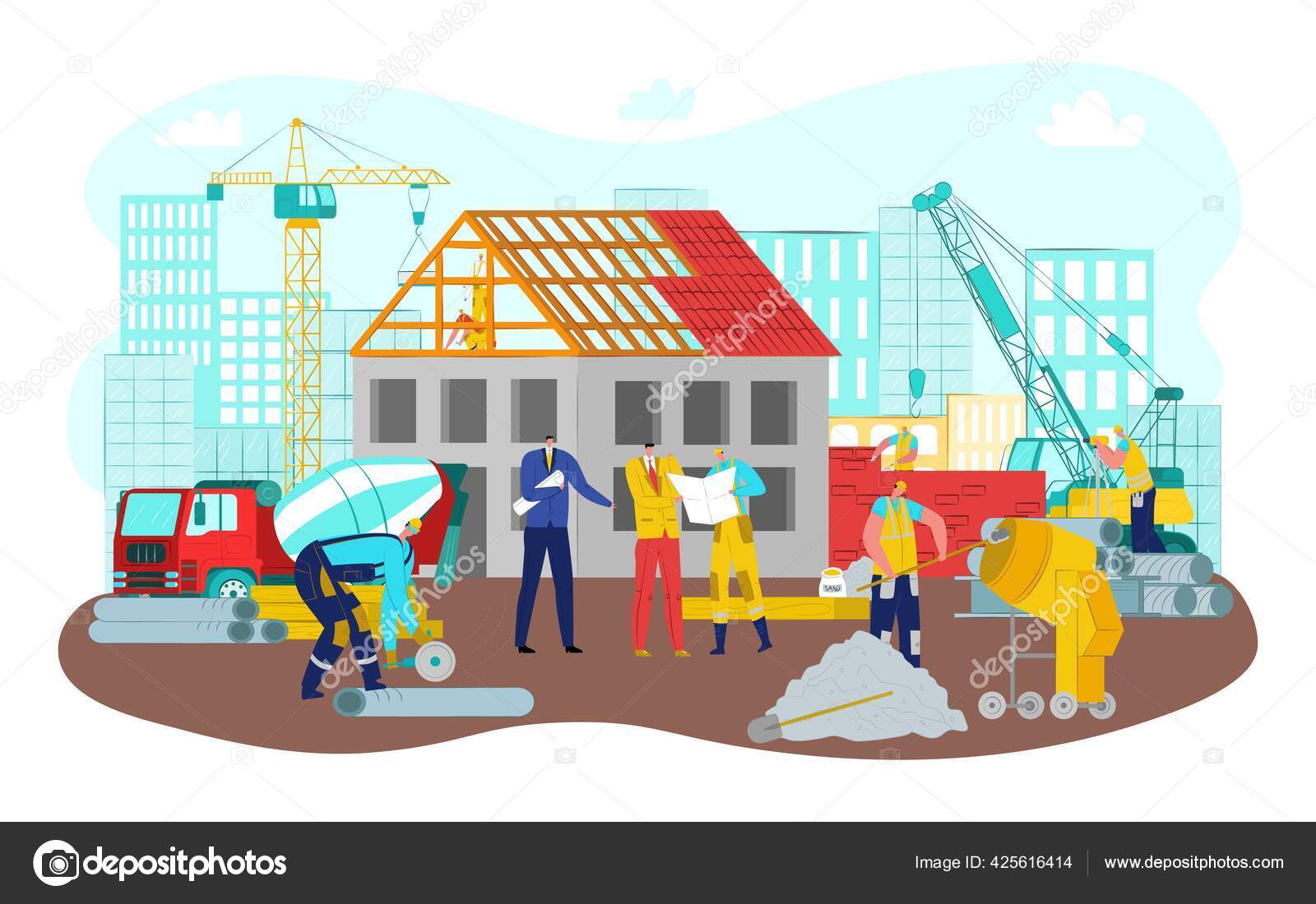 Meeting at work construction, business people and engineer near crane vector illustration. Urban project with person teamwork Stock Vector Image by © #425616414 Meeting at work construction, business people and engineer near crane vector illustration. Urban project with person teamwork Stock Vector Image by © #425616414