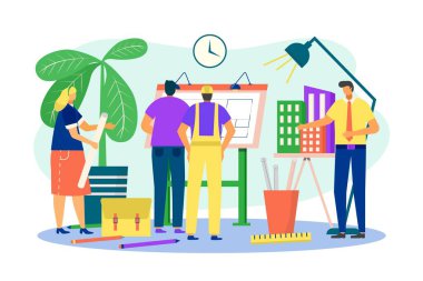 Mühendislik, mühendislik projesi tasarım vektör illüstrasyonunda mimarlık. Ofis binasında inşaat mimarisi çizimi.