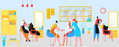 Kadın güzellik salonu, kuaför ve manikür servisi, vektör illüstrasyon. Çizgi film tarzı saç modeli, güzel kadın karakteri için saç kesimi.