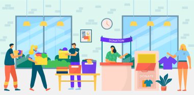 Bağış işleri, insanlar bağış için kıyafet topluyor, vektör illüstrasyonları. Bağış kutusu kavramında sosyal yardım.