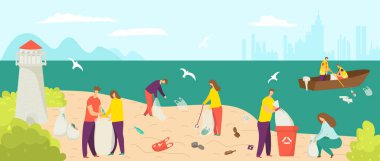 Kumsalda çöp atığı, sahil vektör çiziminde temiz çevre. Çizgi filmciler okyanus kıyısındaki çöpleri topluyor..