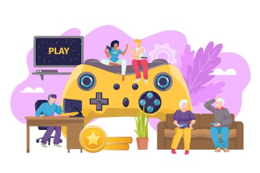 Herkese vektör çizimi için bilgisayar oyunu joystick 'i. Oyun geçmişi için konsol teknolojisi, aile oyuncusu.