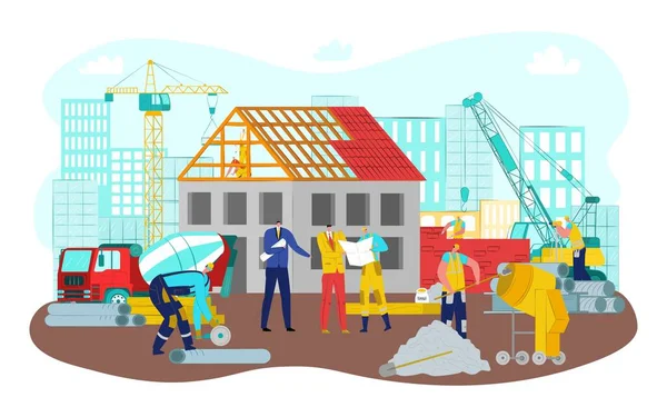Encontro na construção de trabalho, empresários e engenheiro perto de guindaste ilustração vetor. Projeto urbano com trabalho em equipe pessoa —  Vetores de Stock