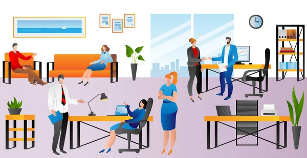 Business office with people team work, vector illustration. Job teamwork with computer, corporate workplace with flat table desk. — Stock Vector