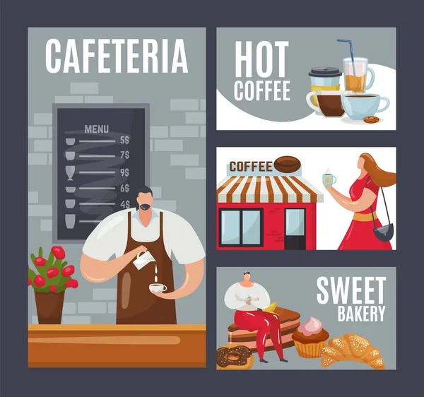 Tarjeta de dibujos animados Café, ilustración vectorial. Hombre mujer gente beber café, bebida en taza plana conjunto. Banner de diseño de cafetería de negocios. — Archivo Imágenes Vectoriales