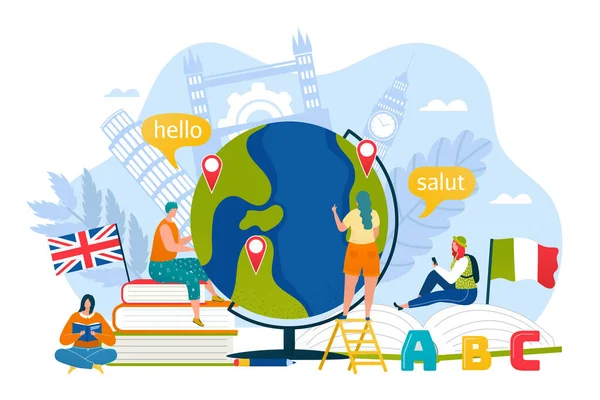 旅游教育在网上学校的概念,载体说明.在旅行中与翻译沟通，学生个人设计. — 图库矢量图片
