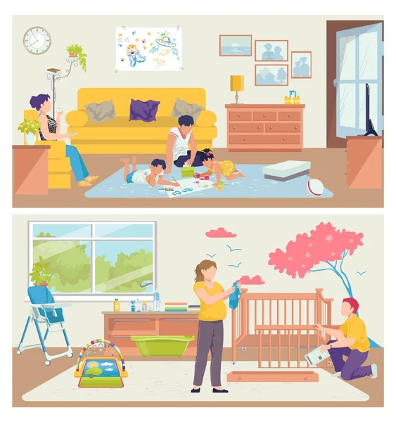 Keluarga di rumah, vektor ilustrasi. Orang biasa ayah ibu laki-laki karakter wanita bahagia bersama-sama di kamar, set waktu luang. Anak perempuan bersenang-senang - Stok Vektor