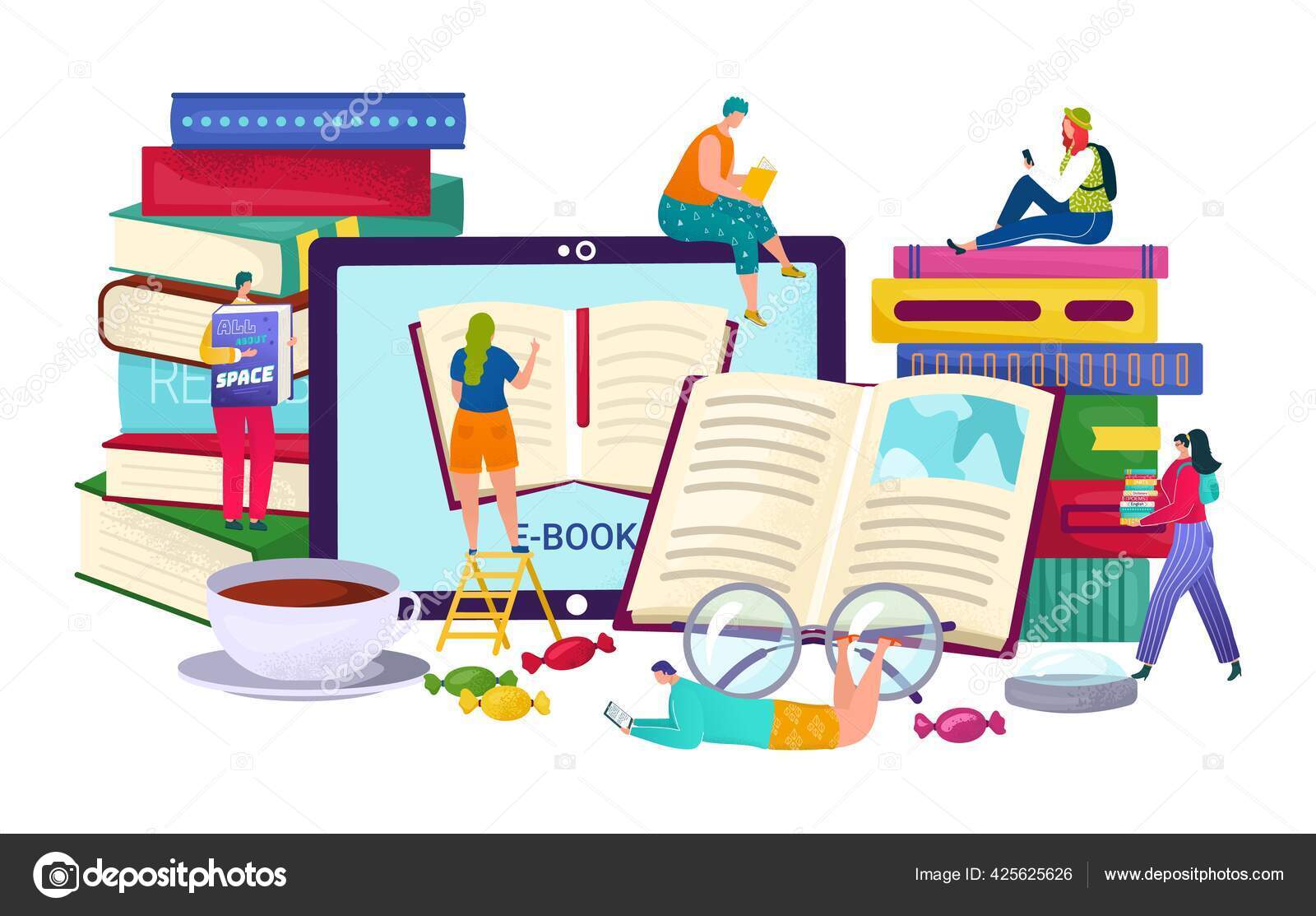 도서 도서관의 장치, 인터넷 교육 개념 벡터 일러스트. 학생들은 인터넷으로 공부하고 컴퓨터 기술로 지식을 읽습니다.. 스톡 벡터 -  ©luplupme.gmail.com 425625626, image size:1600x1113