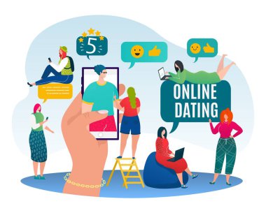 Akıllı telefon uygulaması, vektör illüstrasyonuyla randevu. Kadın erkek karakteri, sosyal medyada cep telefonunu tutar.