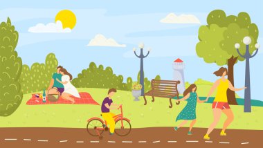 Doğa parkında boş vakit geçirmek, ağaç vektör resimli yaz manzarası. Erkek kadın, şehir dışında yaşayan bir karakter..