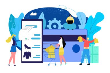 Kredi kartında para, iş ödemesi konsepti vektör illüstrasyonu. Bankacılık teknolojisi plastik kartla ödeme yapıyor. Düz insanlar karakter satın alır