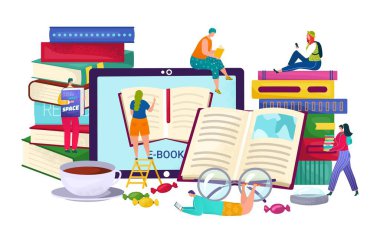 Cihazda kitap kütüphanesi, internet eğitimi konsepti vektör illüstrasyonu. Öğrenciler çevrimiçi çalışıyor, bilgisayar teknolojisiyle bilgi okuyor..