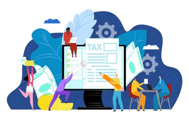 Bilgisayardaki vergiler, iş adamları online finansal rapor konsept çizimlerine bakıyorlar. Düz finans muhasebe, kadın erkek karakter