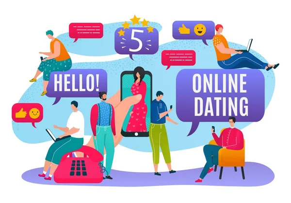 在移动社交媒体的在线约会中，人们使用智能手机网络聊天矢量插图。平易近人的女人坠入爱河 — 图库矢量图片