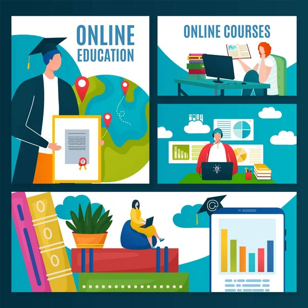 Online vzdělávání technologie set, plochý banner koncept vektorové ilustrace. Business and science training at web school education design. — Stockový vektor