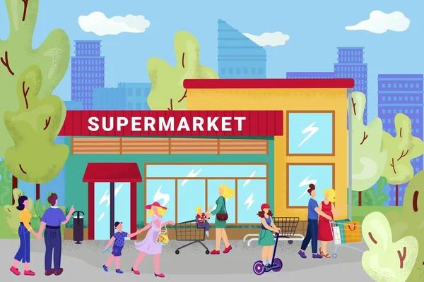 Supermercado, ilustración vectorial. Calle plana con carácter de la gente cerca de la tienda de la ciudad, venta al por menor en el centro comercial de dibujos animados para el cliente. — Vector de stock