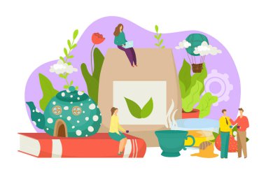 Çay molası konsepti, vektör çizimi. Çizgi filmlerdeki kadın karakterler, bardaklı karakterler, işten mutlu ayrılmalar. Sıcak içecekle iş hayatı